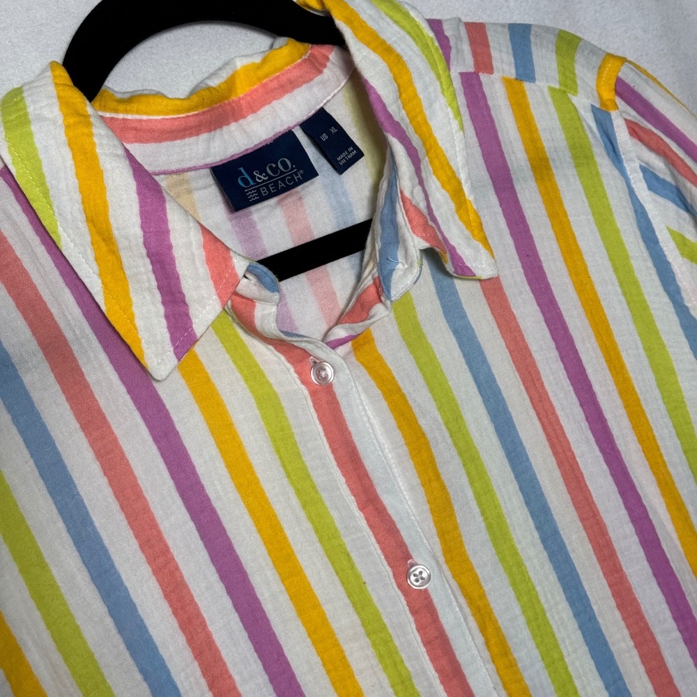 Denim & Co Beach Women XL Striped Cotton Gauze Button Front Shirt Dress Pockets